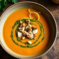 Pompoensoep met peterseliepesto en gerookte kip