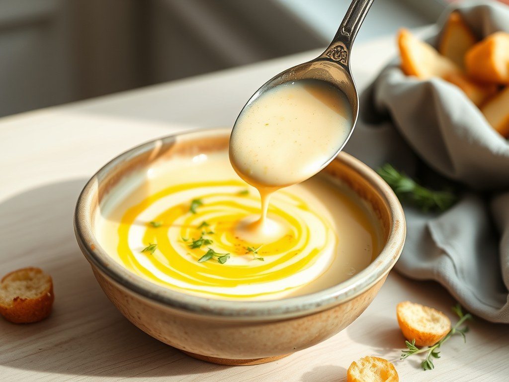 Prei-aardappelsoep met saffraan, AI-gegenereerde illustratie