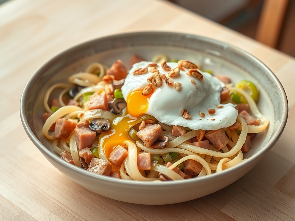 Prei in de wok met een gepocheerd eitje, AI-gegenereerde illustratie