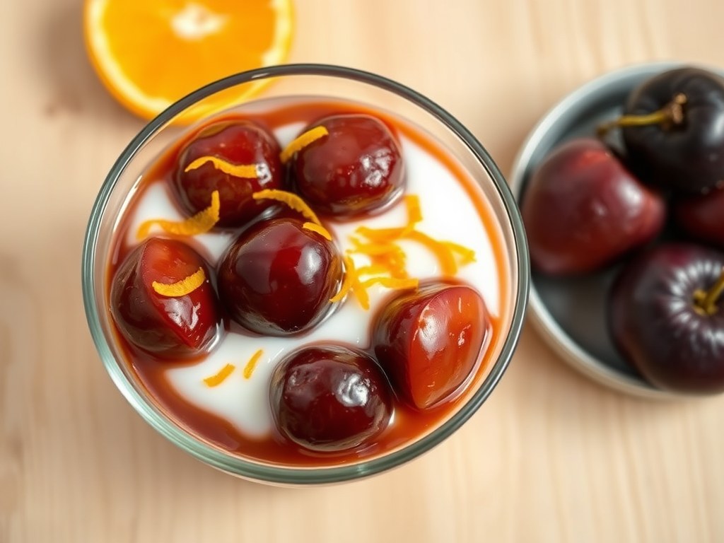 Pruimen-sinaasappelyoghurt, AI-gegenereerde illustratie