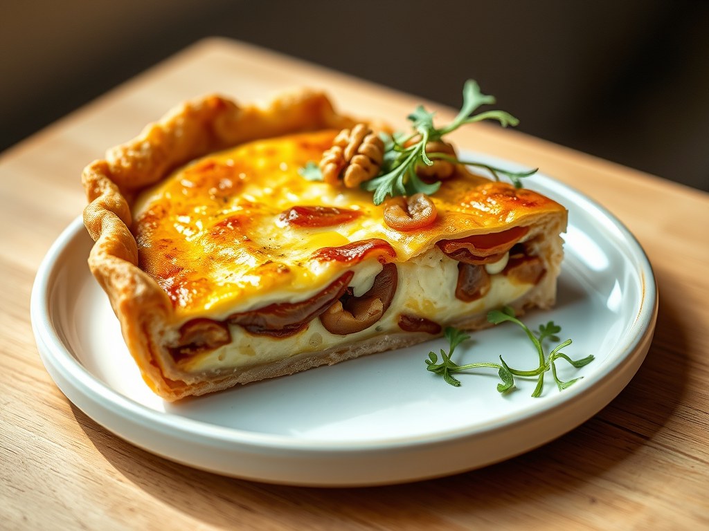 Quiche met rode ui, tijm en geitenkaas, AI-gegenereerde illustratie