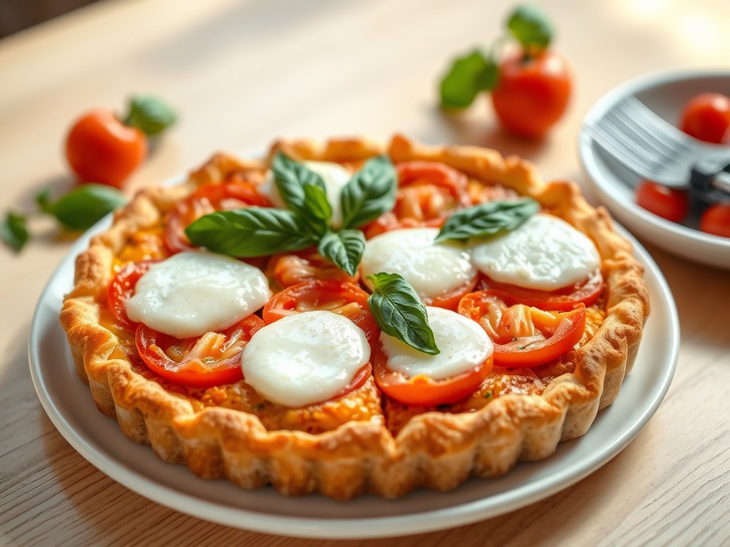 Quiche met tomaten en mozzarella, AI-gegenereerde illustratie