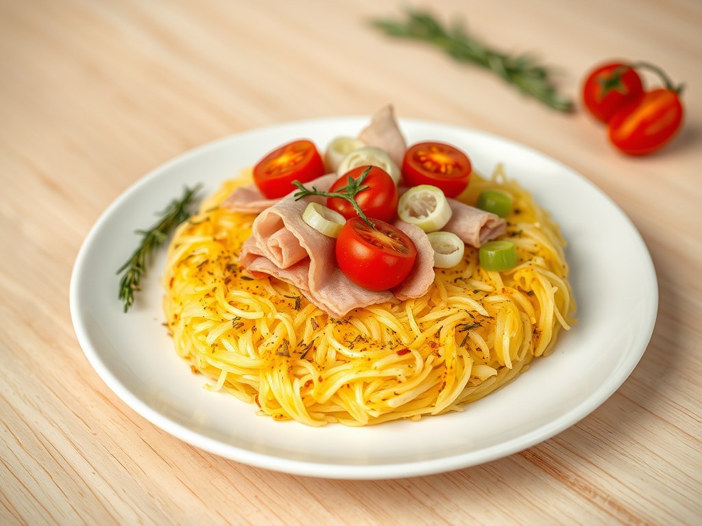 Rösti met ham en kerstomaatjes, AI-gegenereerde illustratie