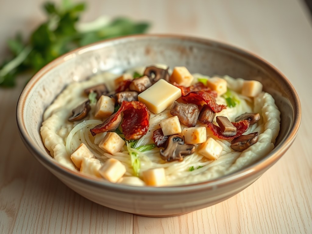 Rauwe andijviestamppot met champignons en kaas, AI-gegenereerde illustratie