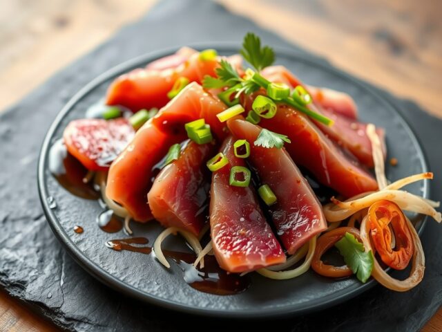 Rauwe tonijn met kooklrabi en teriyaki-saus
