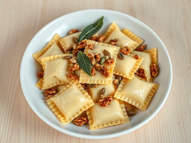 Ravioli met witte pens en geroosterde pompoenpitten
