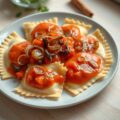 Ravioli van geitenkaas met tomaat en zilveruitjes