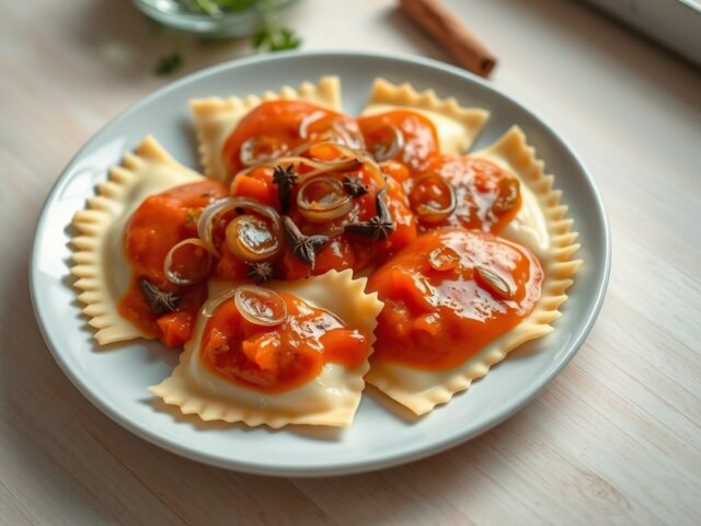 Ravioli van geitenkaas met tomaat en zilveruitjes