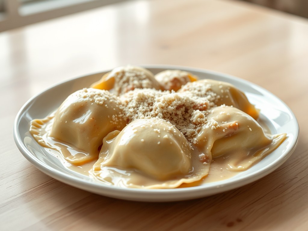 Ravioli van kalfsvlees en roomsaus, AI-gegenereerde illustratie