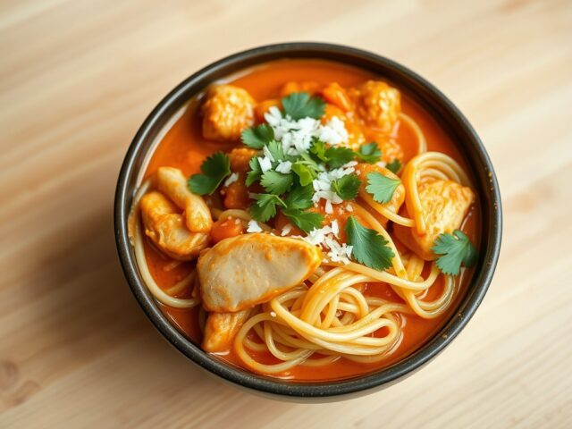 Red currynoedels met kip