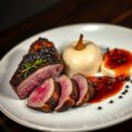 Ree met kastanjepuree en perenmousse
