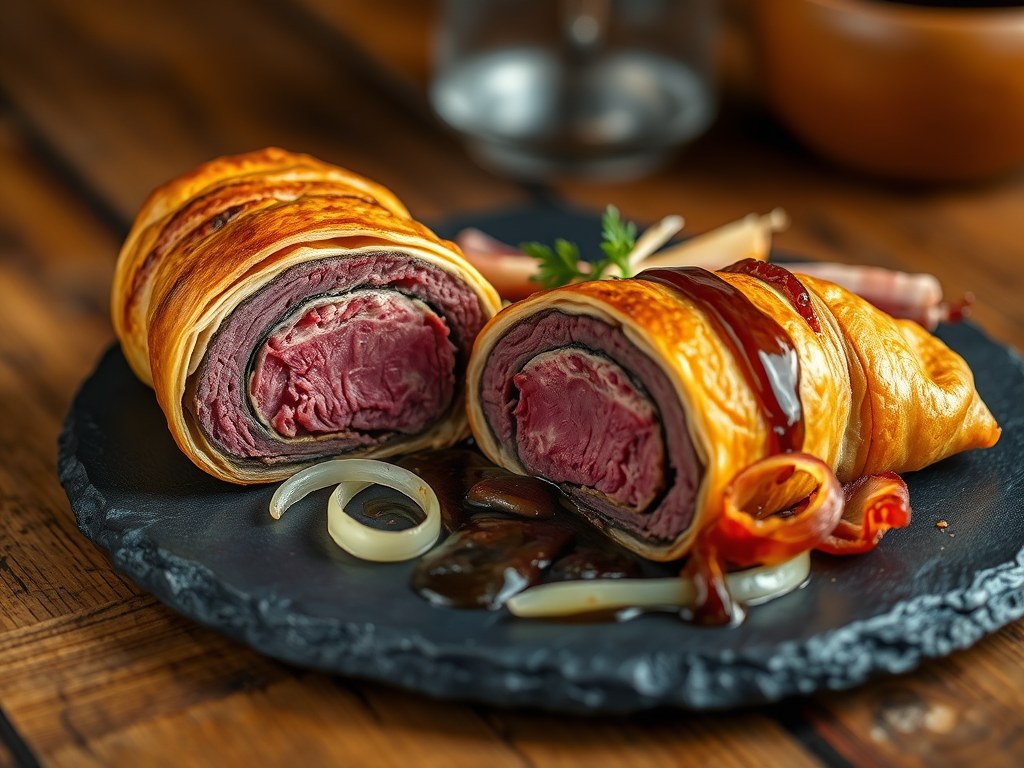 Ree Wellington met spek en bospaddestoelensaus, AI-gegenereerde illustratie