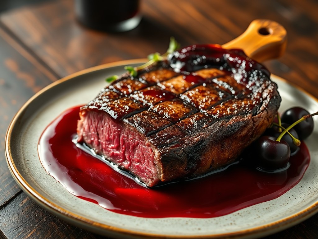 Ribeye met kersensaus, AI-gegenereerde illustratie