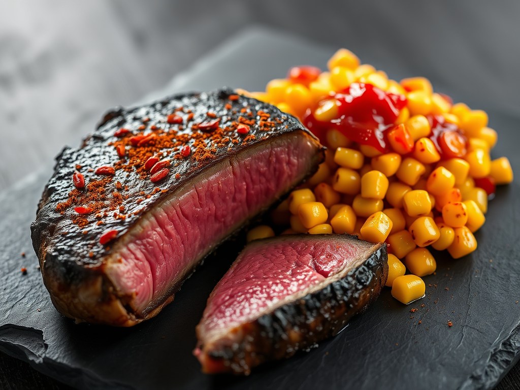 Ribeye Steak van het Rund met Hete Maïs, AI-gegenereerde illustratie