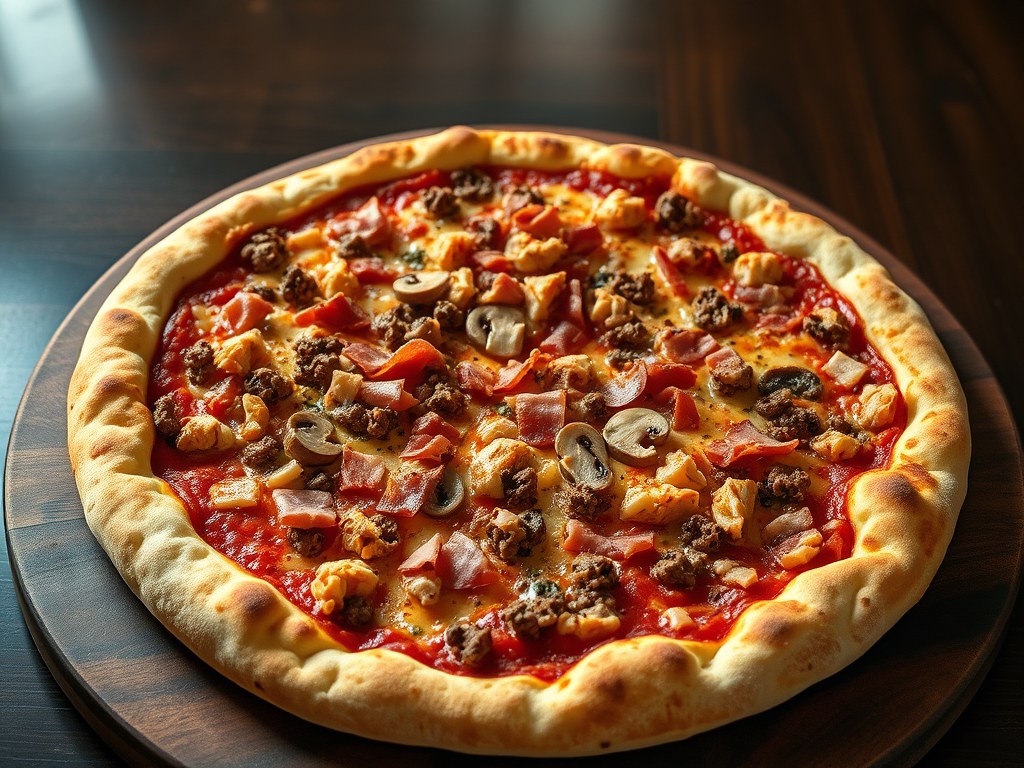 Rijkelijk belegde Megapizza (90 cm), AI-gegenereerde illustratie