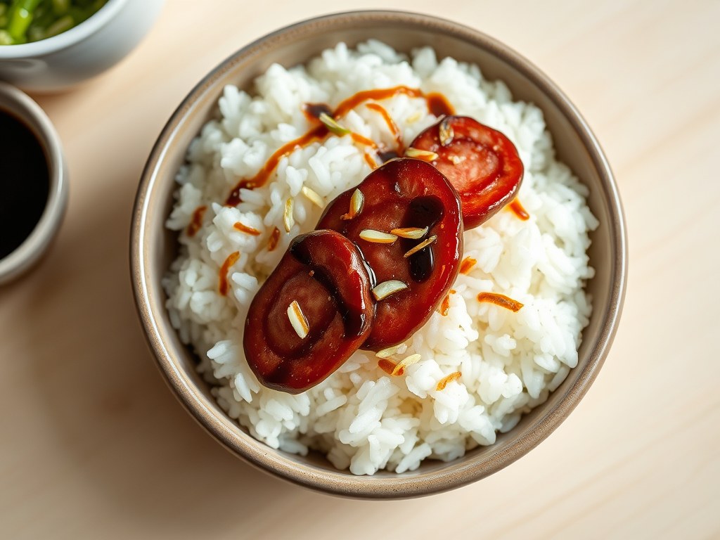 RIJST met Chinese Worstjes en een Pittige Soja Saus, AI-gegenereerde illustratie