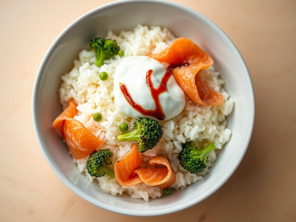 Rijst met crème fraîche en gerookte zalm, AI-gegenereerde illustratie