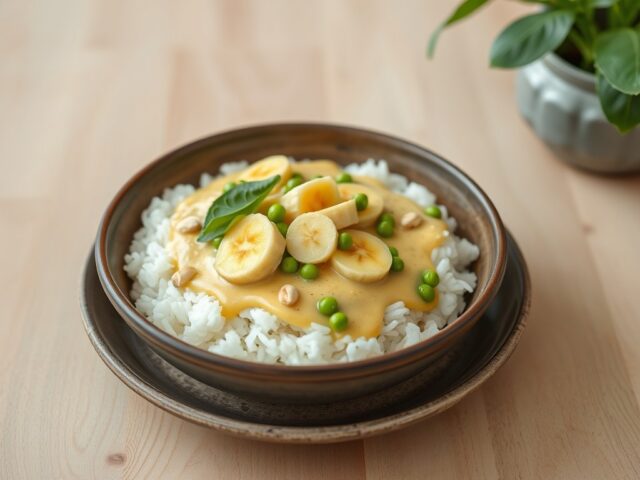 Rijst met kerriesaus en banaan