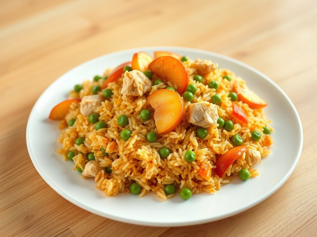 Rijst met kip en perziken ( Pilaf – Pilav ), AI-gegenereerde illustratie