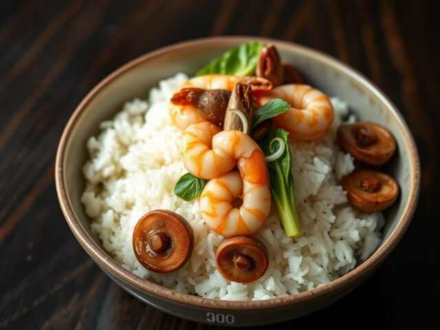 Rijst met Paksoi, Kastagnechampignons, Gember en Garnalen