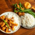 Rijst met Pom, kip, kouseband en pastei