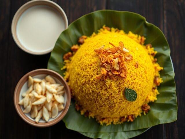 Rijst Nasi Kuning II met Gefrituurde uitjes