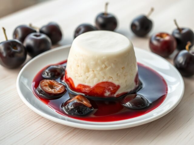 Rijstbavarois met pruimen in wijnsaus