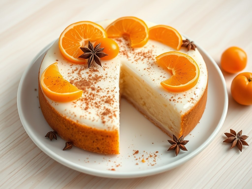 Rijstgebak met mandarijntjes en kumquats, AI-gegenereerde illustratie