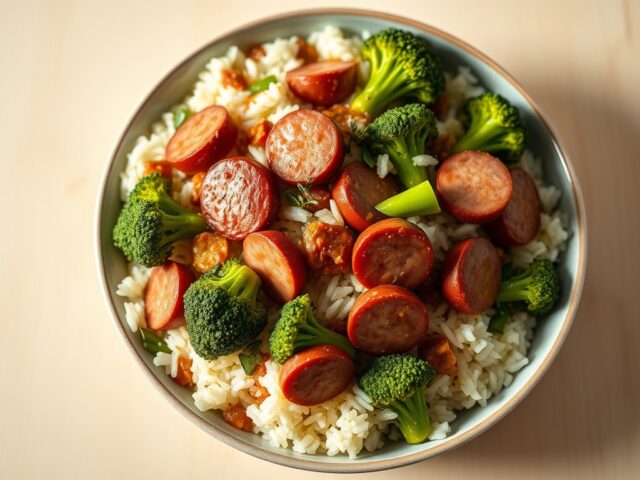 Rijstrand met broccoli en magere worst