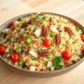 Rijstsalade met frisse stukjes peer en pecannoten