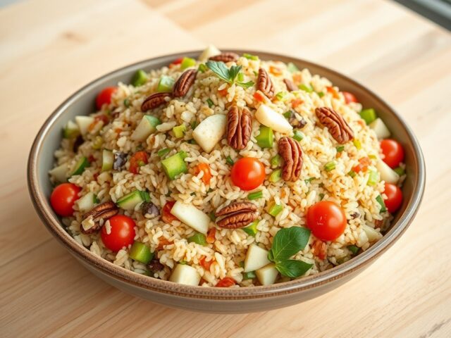 Rijstsalade met frisse stukjes peer en pecannoten