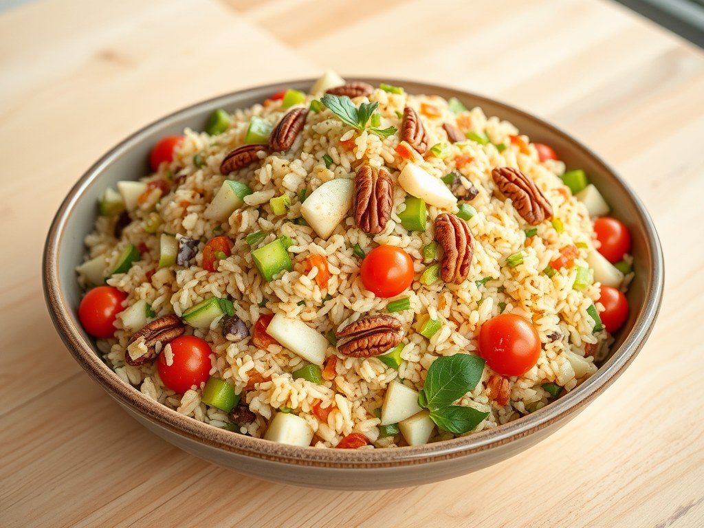 Rijstsalade met frisse stukjes peer en pecannoten, AI-gegenereerde illustratie