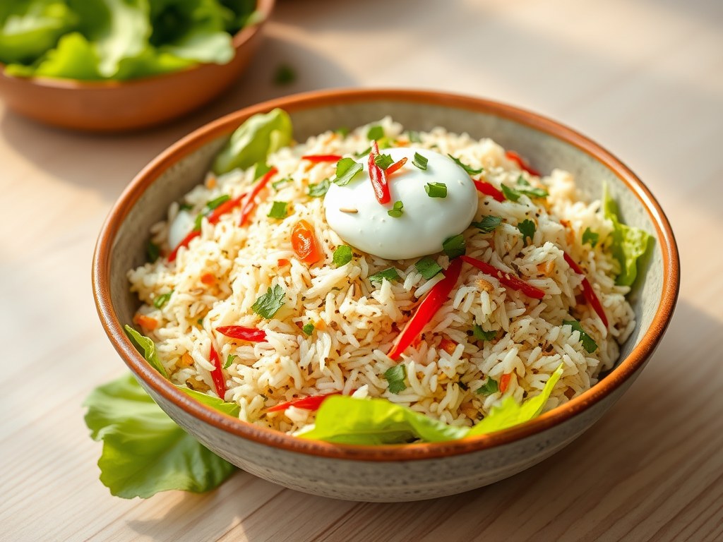 Rijstsalade met koriander, AI-gegenereerde illustratie