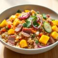 Rijstsalade met rosbief, mango en komkommer