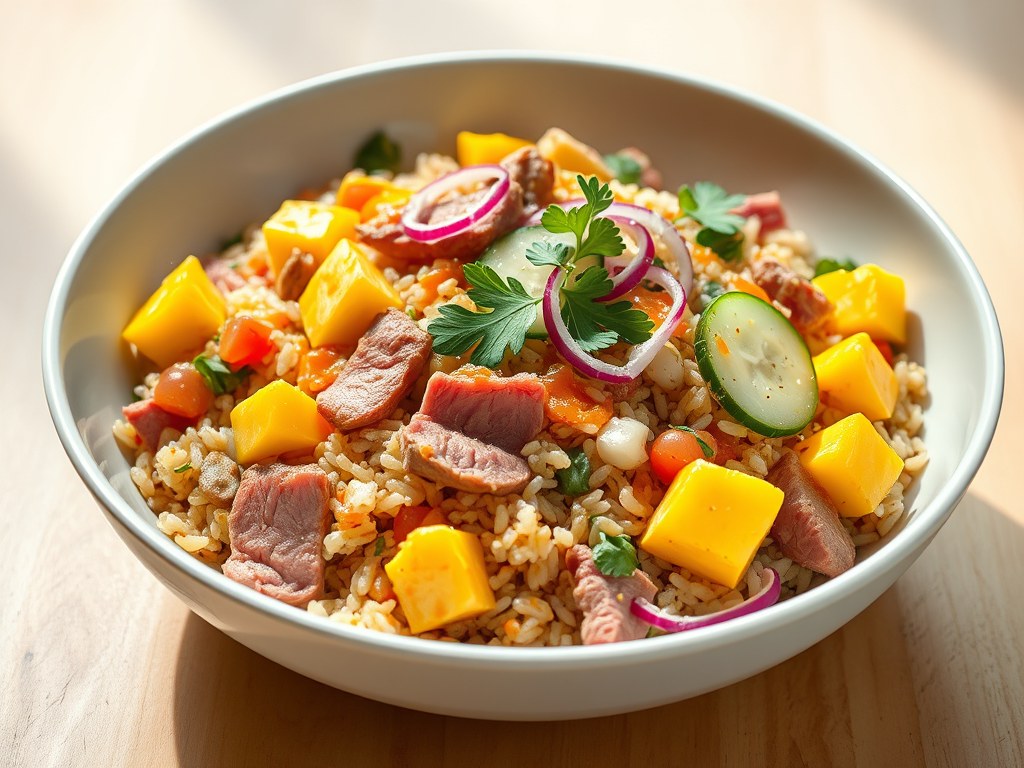 Rijstsalade met rosbief, mango en komkommer, AI-gegenereerde illustratie