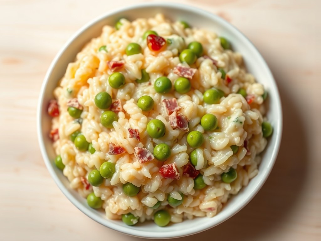 Risi e bisi (risotto met erwtjes), AI-gegenereerde illustratie