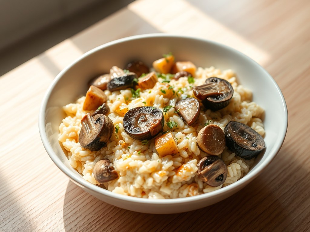 Risotto met aubergine en paddestoelen, AI-gegenereerde illustratie