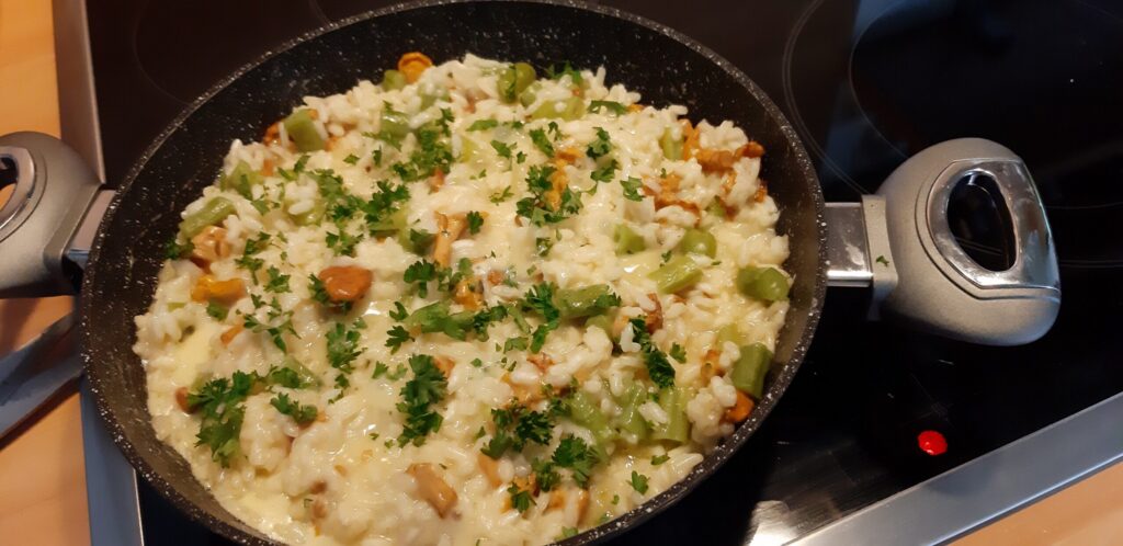 Risotto met cantharellen en sperziebonen