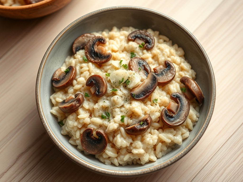 Risotto met champignons en Maredous Truffel smaak, AI-gegenereerde illustratie
