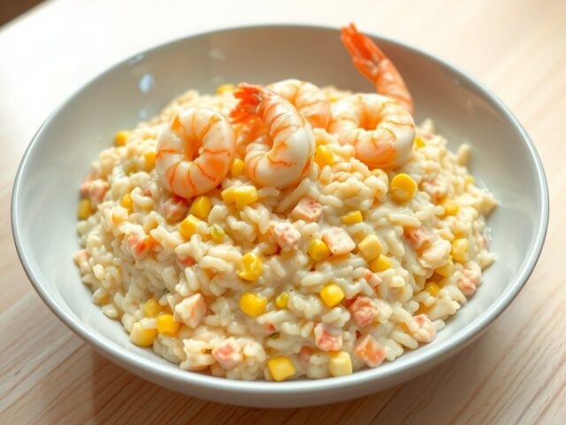 Risotto met garnalen, krab en maïs