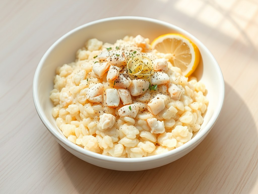 Risotto met krab en citroengras, AI-gegenereerde illustratie