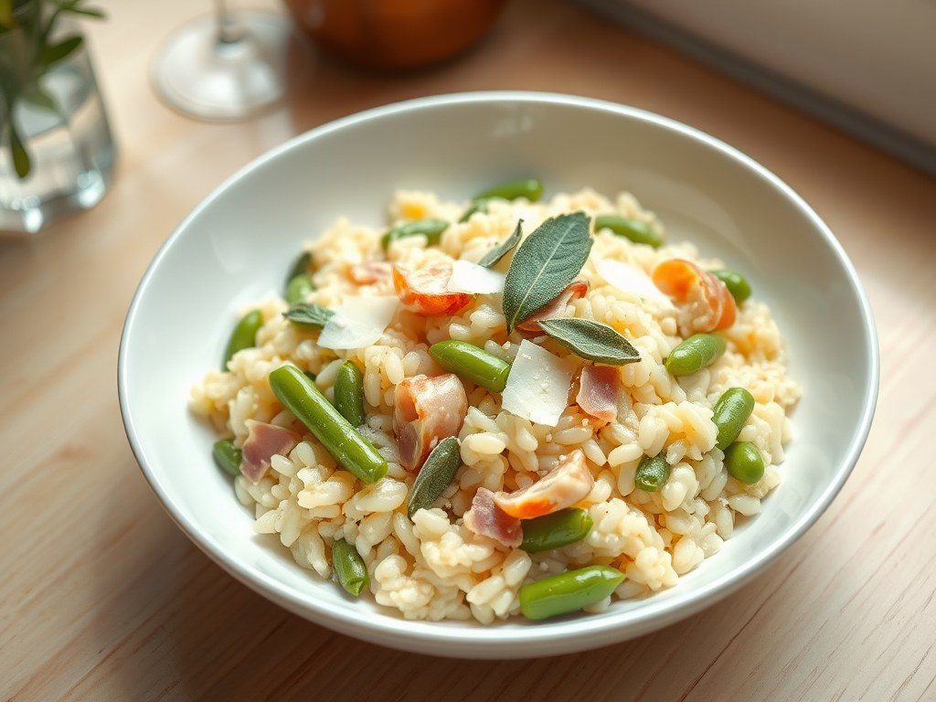 Risotto met tuinbonen, AI-gegenereerde illustratie