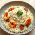 Risotto van ebly met scampi’s, chorizo en schorseneren