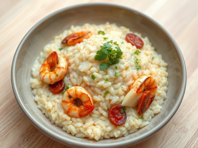 Risotto van ebly met scampi’s, chorizo en schorseneren