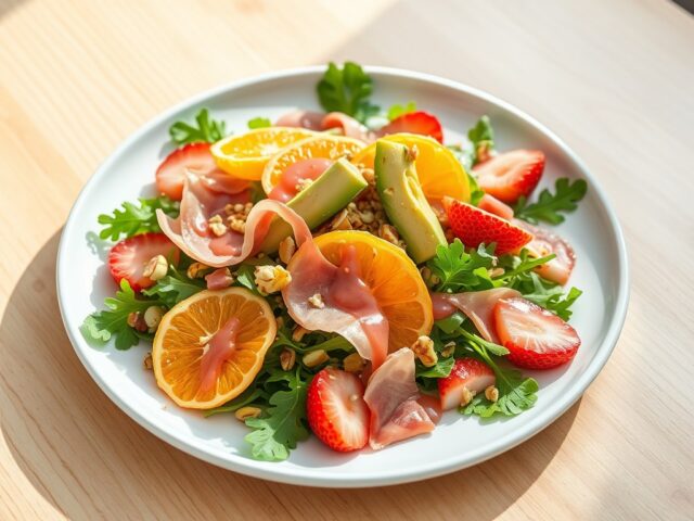 Rocketsalade met Parmaham en aardbeiendressing