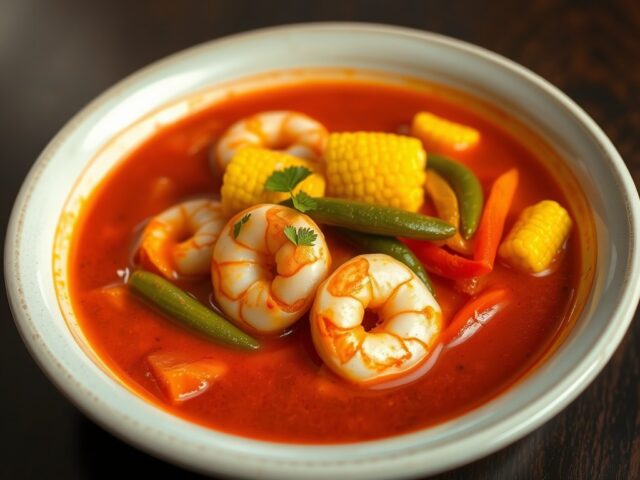 Rode curry met garnalen en maïskolfjes