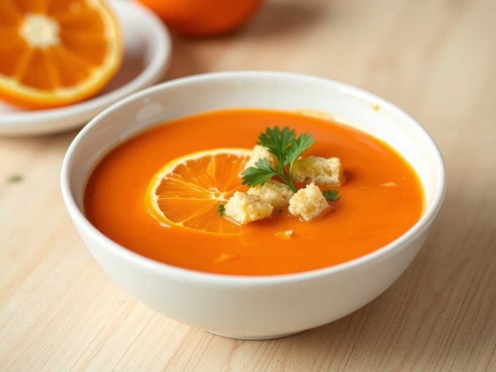 Rode paprika-sinaasappelsoep, AI-gegenereerde illustratie