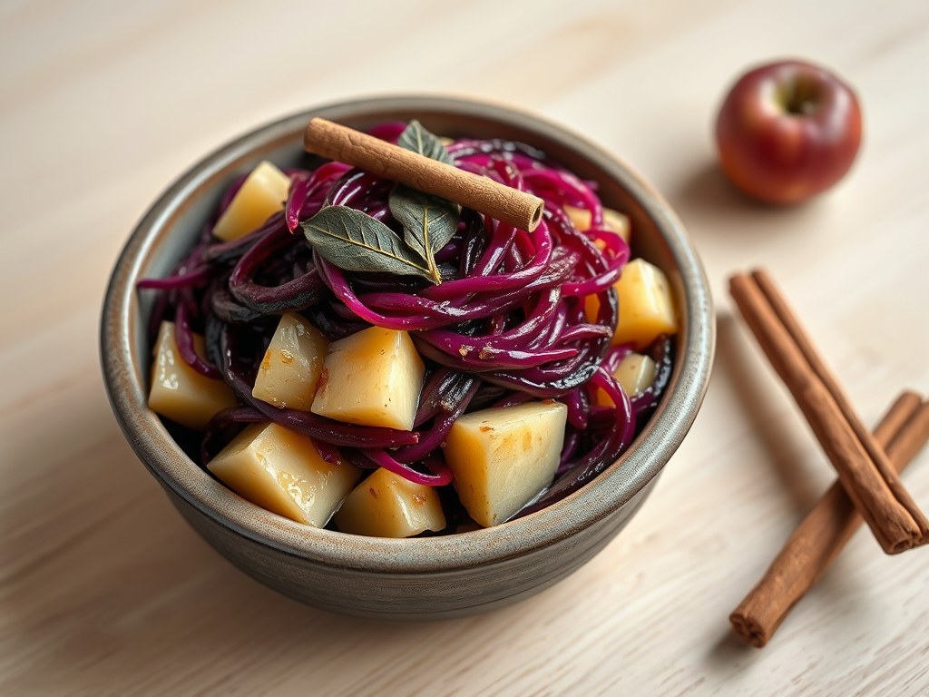 Rodekool met appels, AI-gegenereerde illustratie