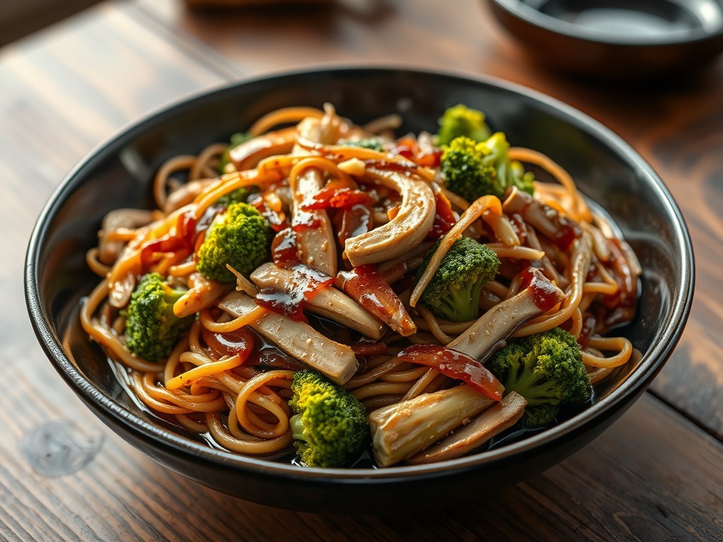 Roerbakmie met shii-take en broccoli, AI-gegenereerde illustratie