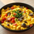 Roerei- tomatenschotel met ui en champignons